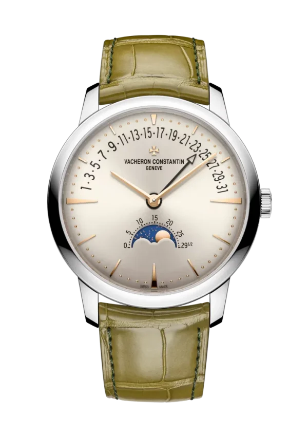 Moon Phase Retrograde Date 42.5MM White Gold Olive Green Strap